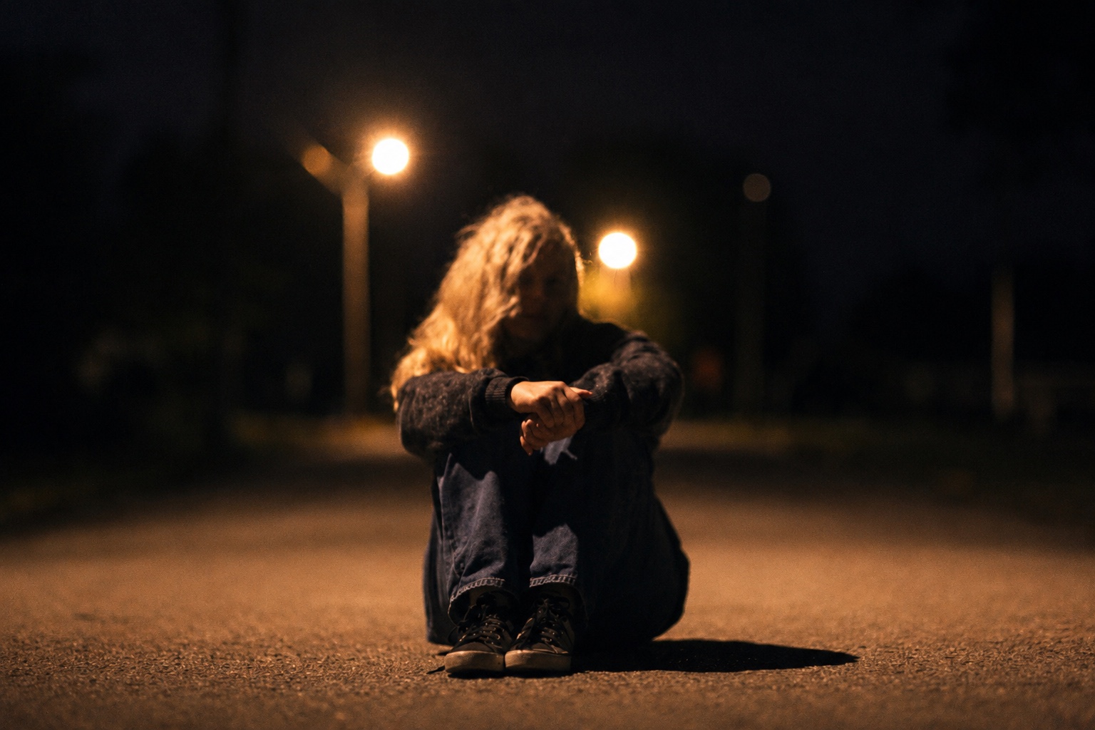 A person seated under streetlights at night, reaching their hands toward the camera.
